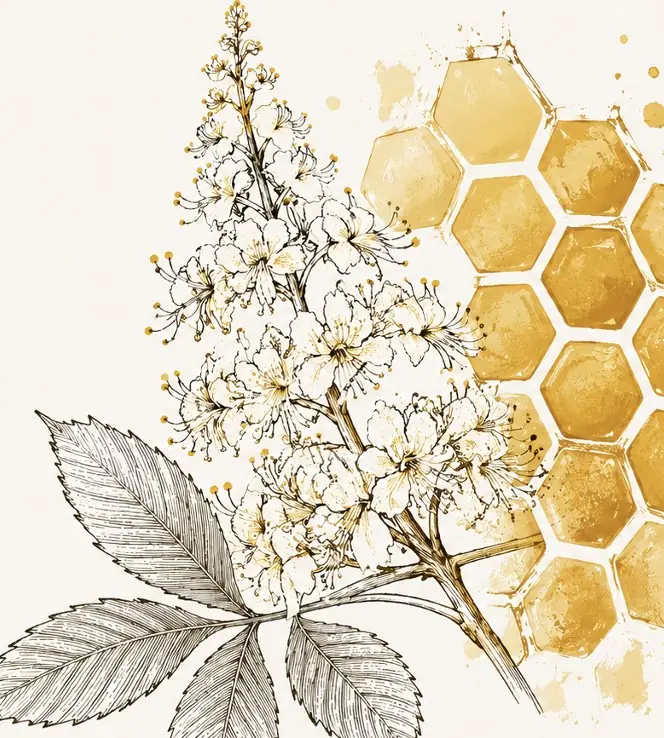 Zeichnung einer Kastanienblüte mit Blättern neben goldenen Honigwaben – das Motiv des SelvaVIF-Etiketts